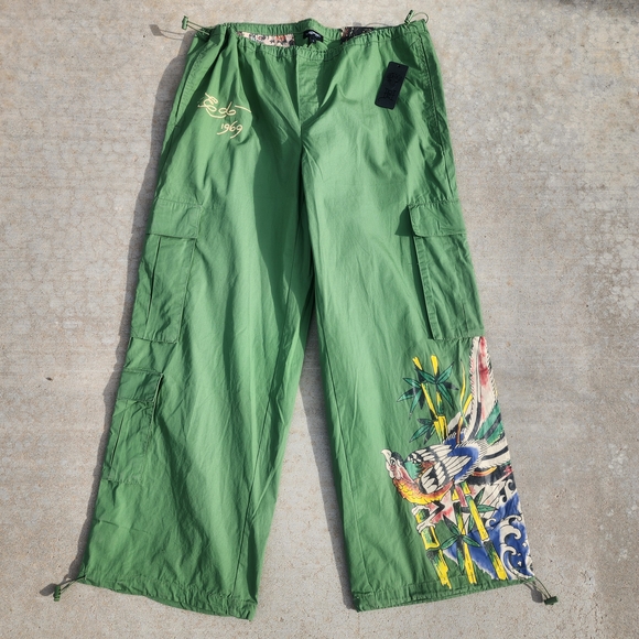 NWT Ed Hardy Cotton Peacock Poplin Wide Leg Army Green Cargo Pant Women's L - Picture 5 of 10